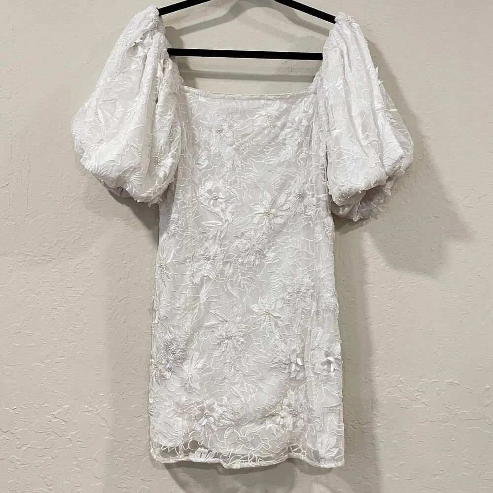 ~ BHLDN Lg 2in1 Mini Dress 3D Floral, Removable Puff-Sleeve Large Wedding Bridal - Picture 10 of 16